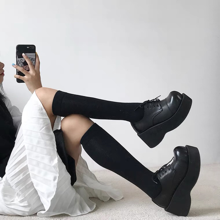 日系原宿软妹松糕厚底单鞋大头鞋复古暗黑风2...