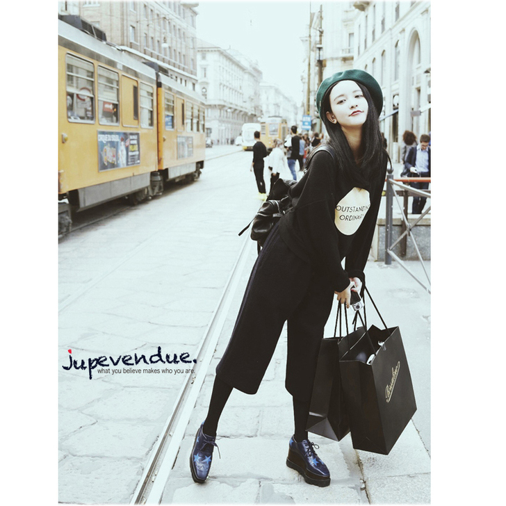 夏秋星星松糕鞋女2016英伦系带真皮坡跟高...