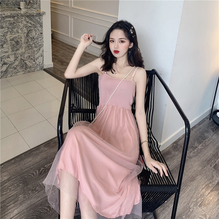 早春2021韩版chic吊带针织拼接网纱连...