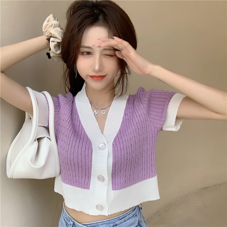 2021夏季新款网红时尚洋气百搭拼色V领短...