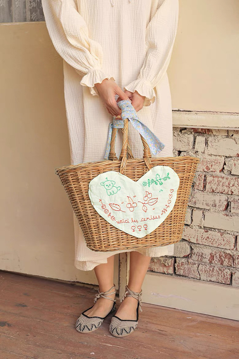 韩国代购picnic可爱精致刺绣野餐草编篮...