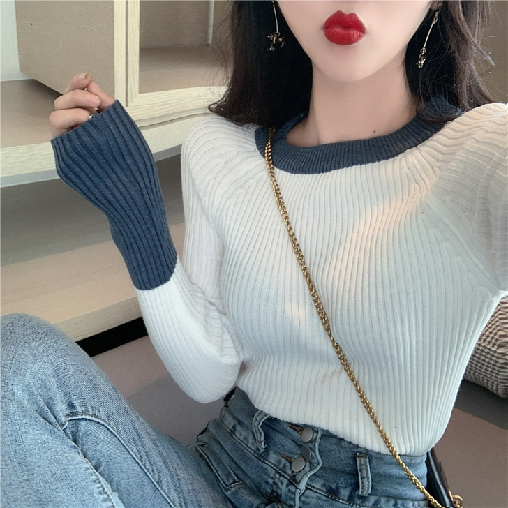 时尚撞色拼接毛衣女2019新款韩版潮流百搭...