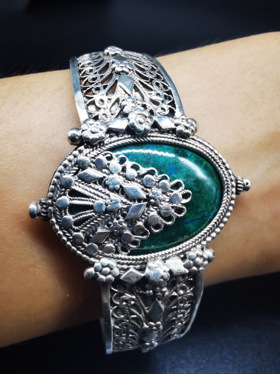 欧洲古董珠宝 超大号孔雀石，银镶嵌手镯，手...