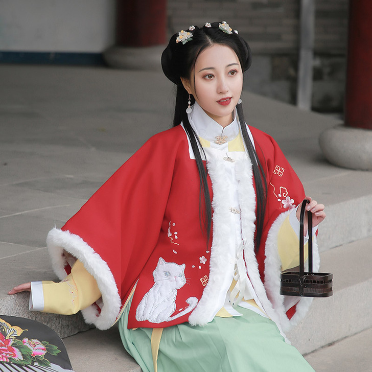 花神记明制方领半臂汉服女中国风原创秋冬季加...