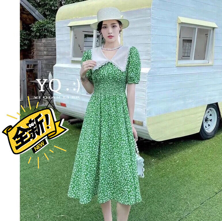 法式复古连衣裙碎花雪纺连衣裙女夏季娃娃领气...