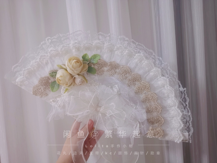 Lo手作原创羽毛扇子洛丽塔白色折扇小物配饰...