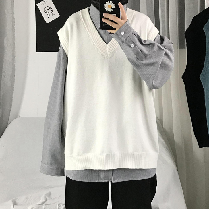 V领套头针织衫无袖背心女宽松外穿毛衣马甲|...