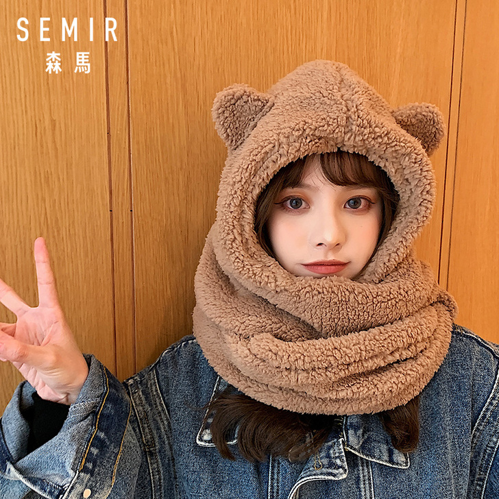 森马秋冬季小熊耳朵帽子围巾女三件套保暖可爱...