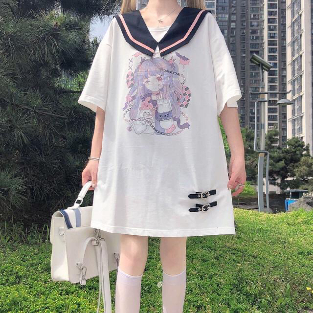 白糖少女新款日系软妹甜美可爱印花海军领打底...