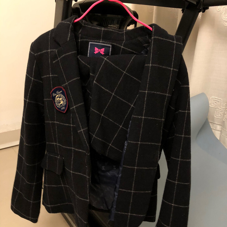 伊顿珍妮藏青浅灰大格子学院风西装短裙两件套...