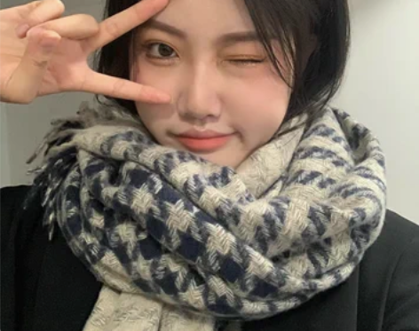 气质千鸟格流苏双面学生加厚保暖围脖韩版日系...