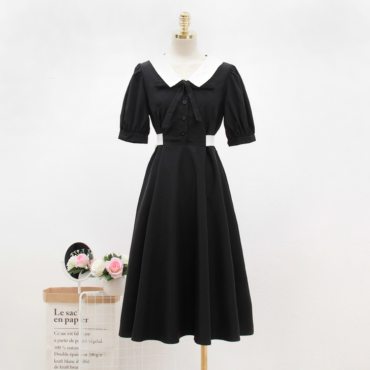 渔自制 学院二次元 暗黑日系黑白公主袖翻领...