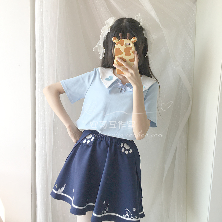 甜蜜爱心 夏季新款日系软妹字母刺绣学院风糖...