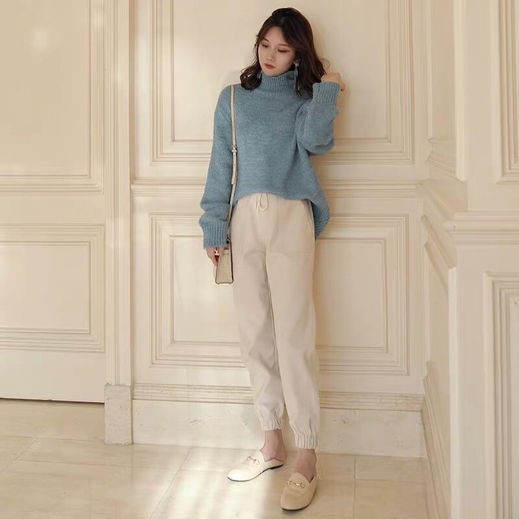 高腰休闲裤宽松毛呢小脚裤裤子女