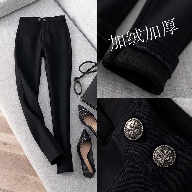 升级版显腿长小黑裤~冬装弹力高腰蜜蜂金属扣...