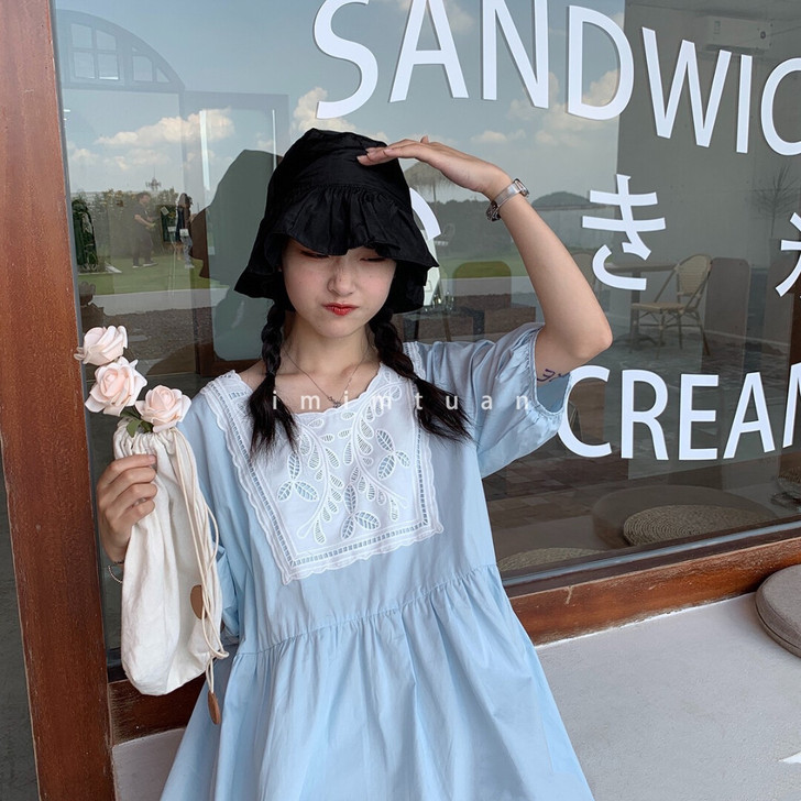 陆小团团 复古艺术感蓝色中长裙小个子钩花背...