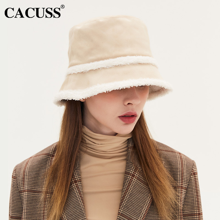 CACUSS帽子女秋冬季麂皮绒渔夫帽韩版潮...