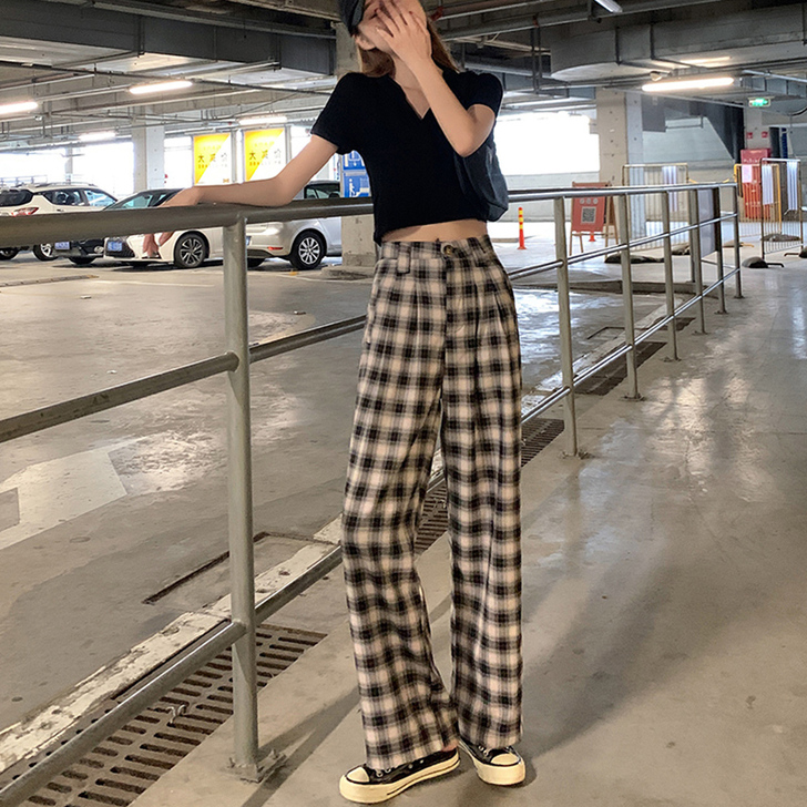 黑白格子裤女宽松直筒秋冬裤子垂感高腰百搭显...