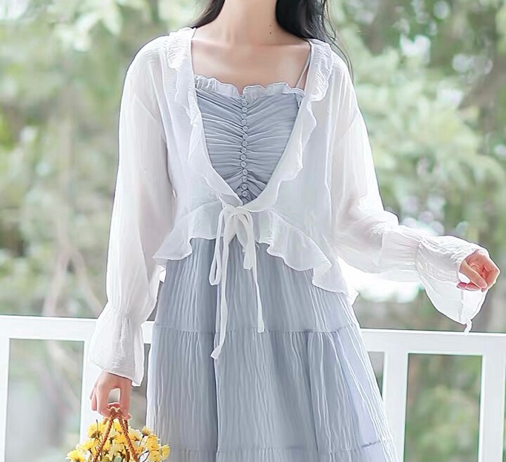 超仙女洋气百搭雪纺蕾丝防晒衣开衫女夏季配吊...