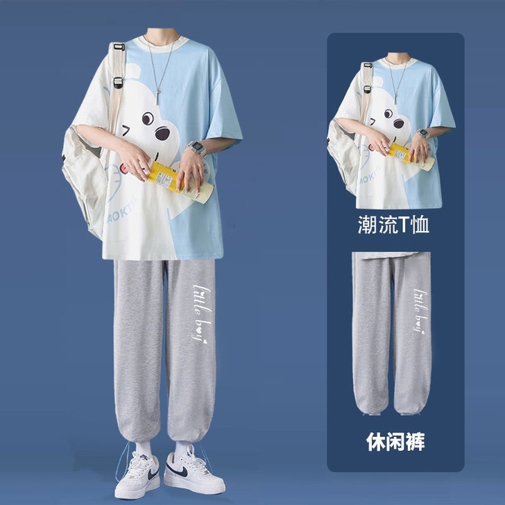休闲套装男韩版潮流帅气学生五分袖港风宽松上...