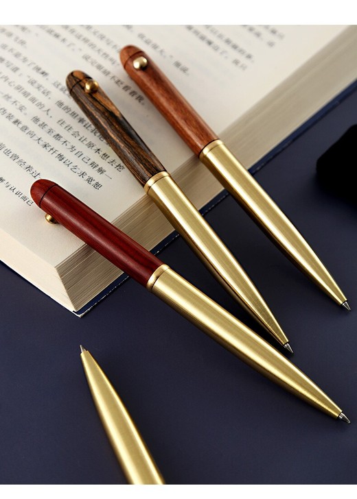 纯手工制作黄铜檀木旋转圆珠笔伸缩笔芯木头笔...