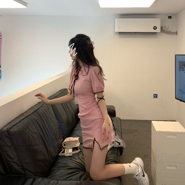 JMSHOP 粉红泡泡 修身连衣裙女夏短款...