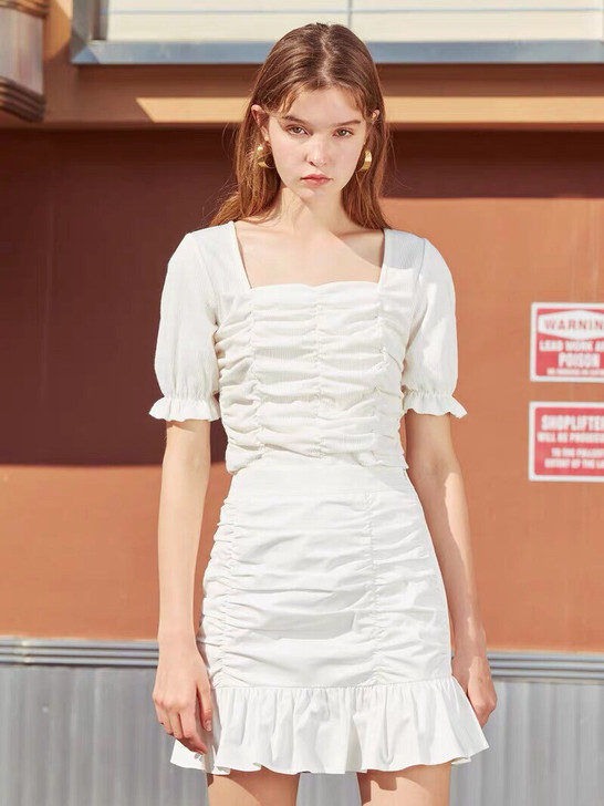 西遇复古方领针织短袖 褶皱鱼尾裙套装