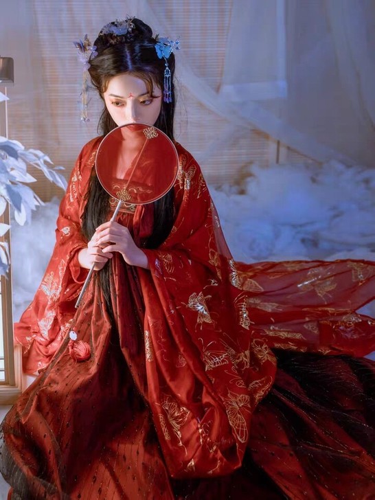 艺缕原创汉服女对襟齐胸襦裙百搭套装红色烫金...