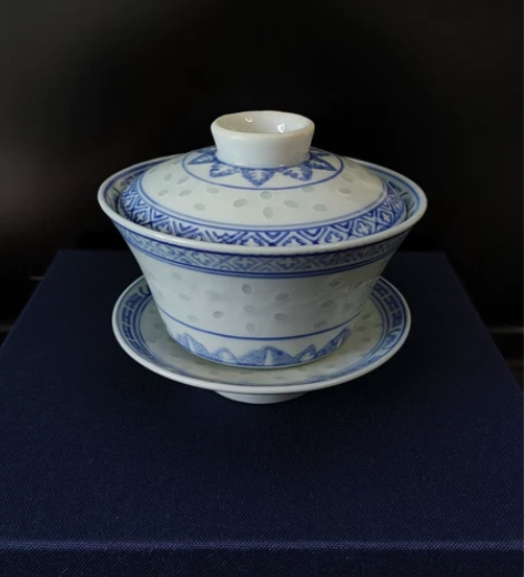 景德镇出口老物件，青花镂空玲珑三才盖碗，工...