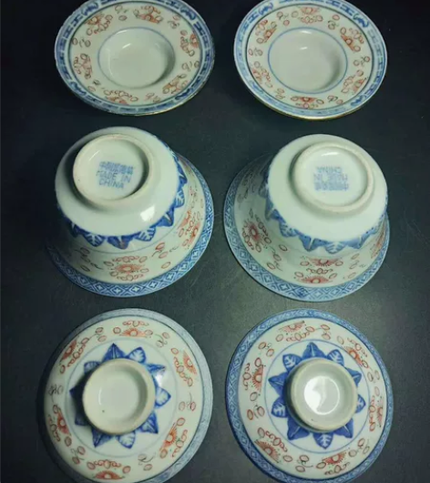 盖碗 盖碗 青花釉描红 老 厂货七八十年...