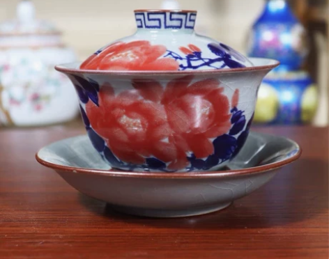 景德镇陶瓷老陶泥国色天香三才盖碗茶具青花开...