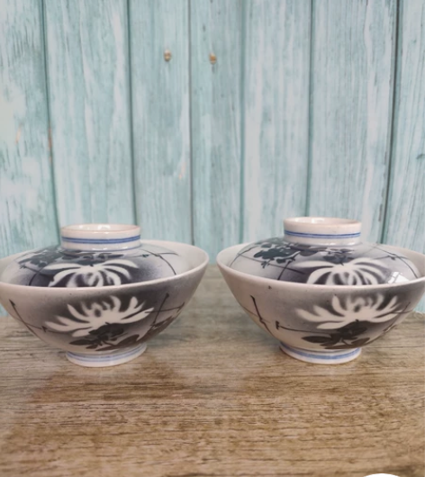 日本回流瓷器昭和时期老青花手绘大盖碗盘高足...