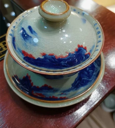 景德镇陶瓷老陶泥青花山水盖碗景德镇三才盖碗...