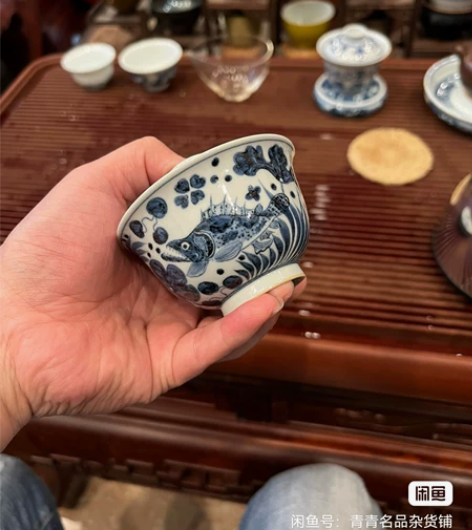 景德镇柴烧苏麻离青，元青花鱼藻二才盖碗，1...