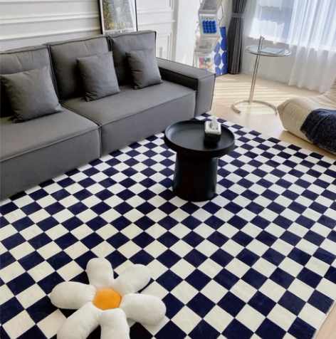 【全新包邮】ins棋盘格地毯复古绿黑白格子...