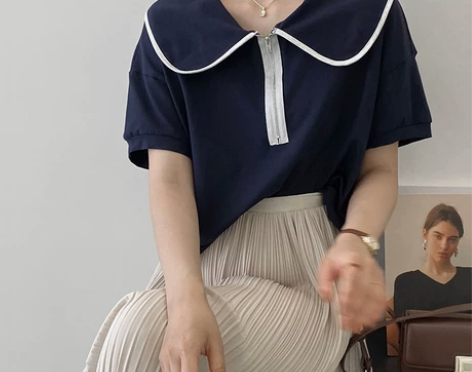 江左 ins韩版娃娃领正肩撞色T恤女夏 清...