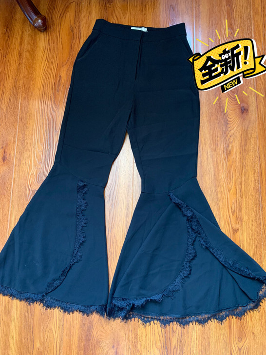 黑色不规则大喇叭休闲裤女夏季显瘦荷叶摆鱼尾...