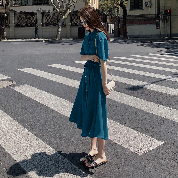 红色衬衫连衣裙女夏2020新款春高腰显瘦裙...