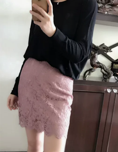 黑色睫毛蕾丝短裙半身裙黑色中长款一步裙