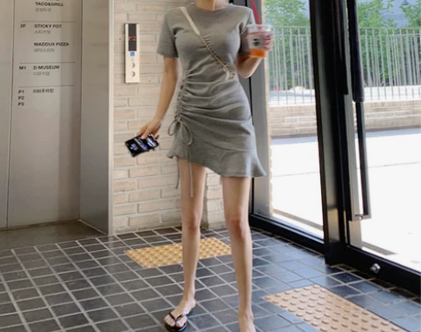 韩国东大门代购新款设计感气质抽绳褶皱短袖修...