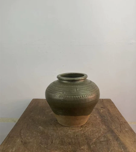 水泥釉小罐，花器 民俗粗陶，回字纹，太阳纹...