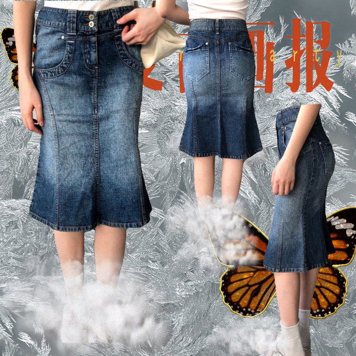宝藏鱼尾裙~洗色包臀复古牛仔半身裙