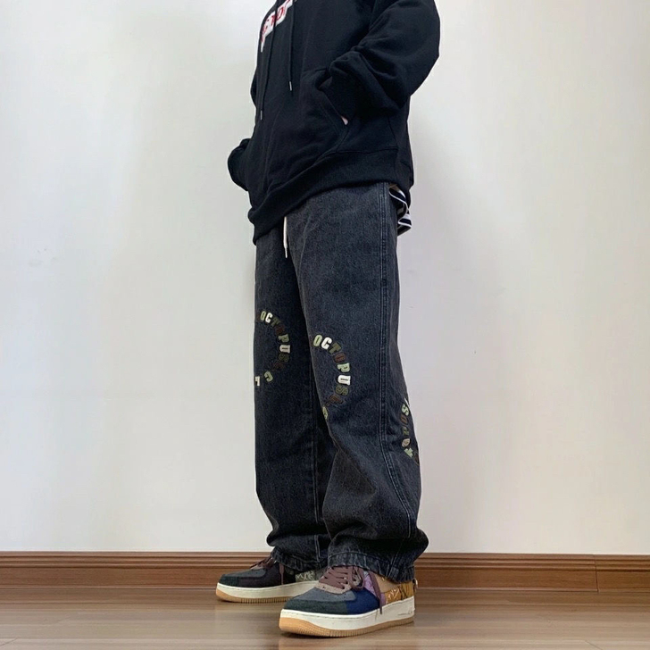 做旧水洗牛仔裤潮牌ins街头男女宽松直筒裤...