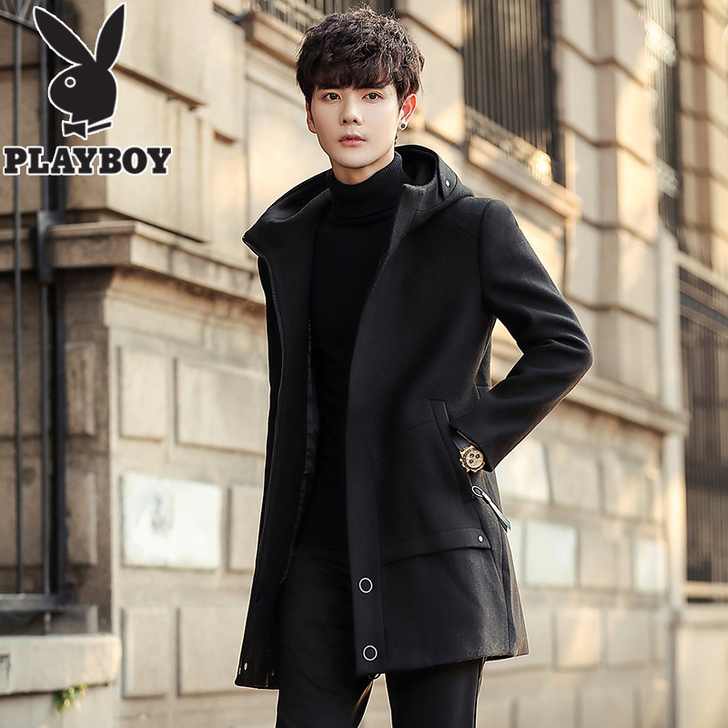 花花公子秋冬季风衣男士韩版潮流连帽羊毛妮大...