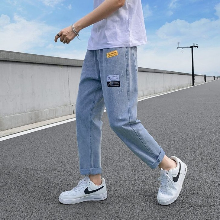 港风牛仔裤子男潮牌宽松百搭潮流夏季九分直筒...
