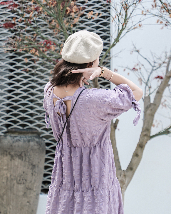 CHACHA超仙森系甜美连衣裙夏过膝系带收...