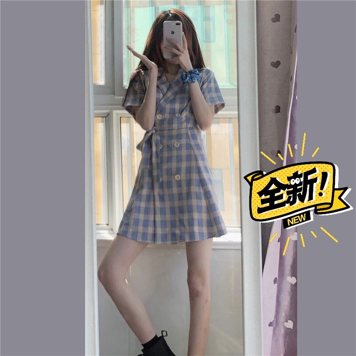 裙子小个子轻熟风可甜可盐西装格子连衣裙女2...