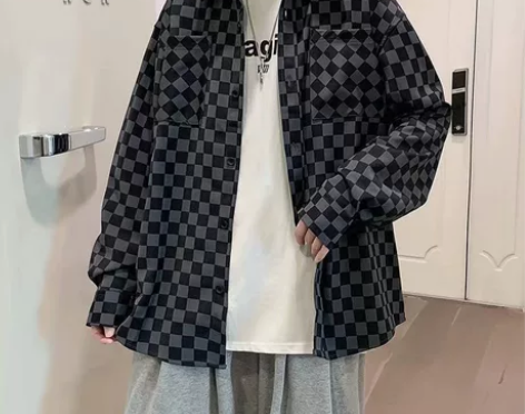 春秋款长袖衬衫男港风休闲百搭格子衬衣复古潮...