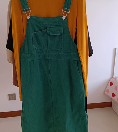 秋款可调节牛仔棉绿色背带裙m码+姜黄色针织...