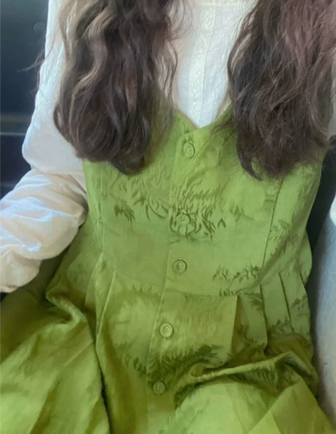 背带连衣裙复古绿色碎花背带女早秋法式高级感...